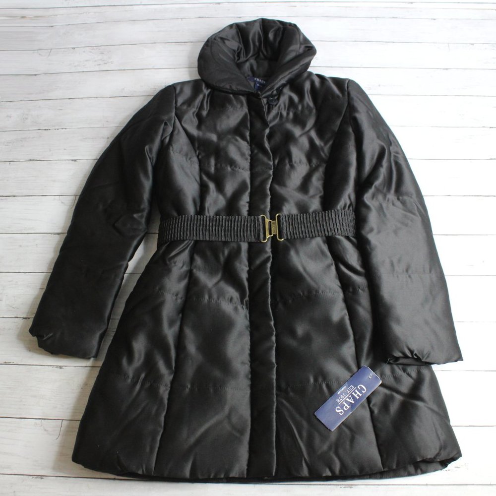 Chaps Women's Long Winter Puffer Coat Size S Black Quilted Belted